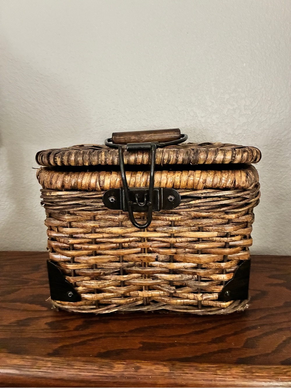 Vintage Boho Wicker Storage Basket with Metal Corners & Wood Handle